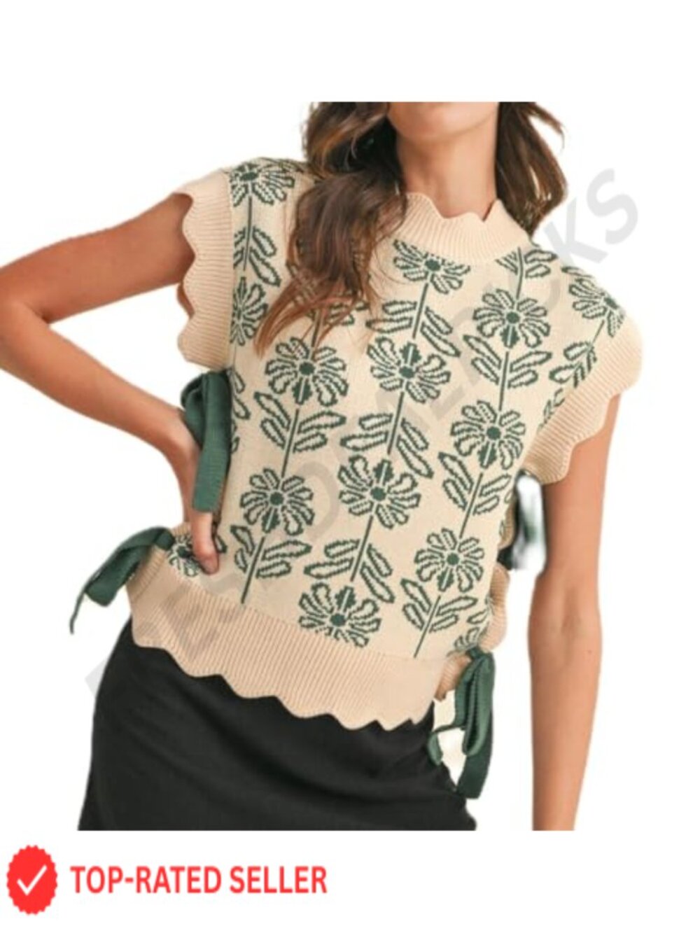 Women Graphic Knit Sweater Vest Sleeveless Side Tie Bow Lace Up Top